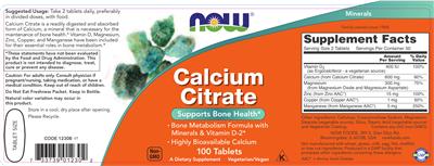 Photo of the NOW Calcium Citrate label