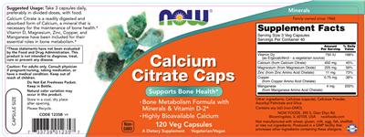 Photo of the NOW Calcium Citrate Caps label