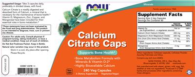 Photo of the NOW Calcium Citrate Caps label