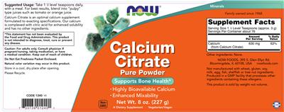 Photo of the NOW Calcium Citrate Pure Powder label