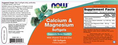 Photo of the NOW Calcium & Magnesium Softgels label