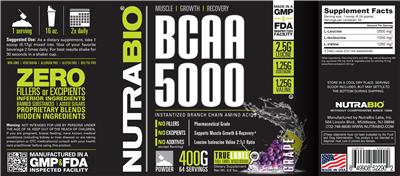 Photo of the NutraBio BCAA 5000 Grape label