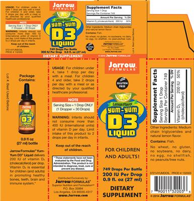 Photo of the Jarrow Formulas Yum-Yum D3 Liquid 200 IU Lemon Flavor label