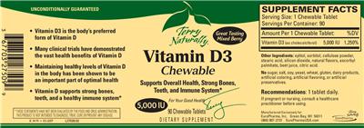 Photo of the Terry Naturally Vitamin D3 Chewable Mixed Berry 5,000 IU label