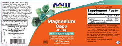 Product label for Magnesium Caps 400 mg