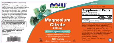 Photo of the NOW Magnesium Citrate 200 mg label