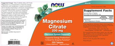 Photo of the NOW Magnesium Citrate 200 mg label