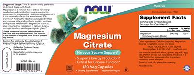 Photo of the NOW Magnesium Citrate label