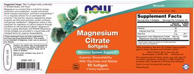 Photo of the NOW Magnesium Citrate Softgels label