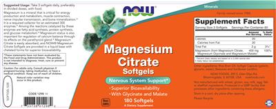 Photo of the NOW Magnesium Citrate Softgels label