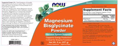 Photo of the NOW Magnesium Bisglycinate Powder label