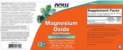 Photo of the NOW Magnesium Oxide Pure Powder label