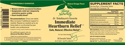 Product label for Immediate Heartburn Relief Natural Orange Flavor