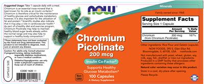 Photo of the NOW Chromium Picolinate 200 mcg label