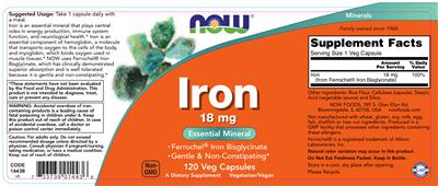 Photo of the NOW Iron 18 mg label