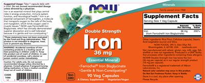 Photo of the NOW Double Strength Iron 36 mg label