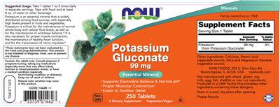 Photo of the NOW Potassium Gluconate 99 mg label