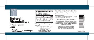 Photo of the Douglas Laboratories Natural Vitamin E 200 IU label