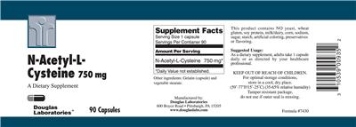 Photo of the Douglas Laboratories N-Acetyl-L-Cysteine 750 mg label