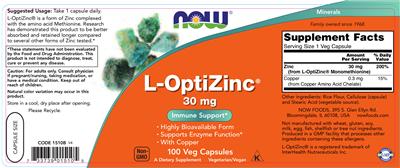 Photo of the NOW L-OptiZinc 30 mg label