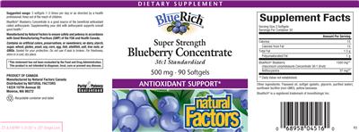 Photo of the Natural Factors BlueRich Super Strength Blueberry Concentrate label
