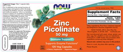 Photo of the NOW Zinc Picolinate 50 mg label