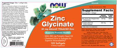 Photo of the NOW Zinc Glycinate label
