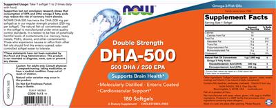 Photo of the NOW Double Strength DHA-500 label