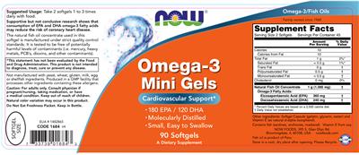 Photo of the NOW Omega-3 Mini Gels label