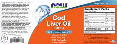 Photo of the NOW Cod Liver Oil 650 mg label