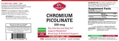 Photo of the OL Olympian Labs Chromium Picolinate 200 mcg label