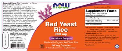 Photo of the NOW Red Yeast Rice 600 mg label