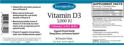 Photo of the EuroMedica Vitamin D3 5,000 IU Chewable Mixed Berry label