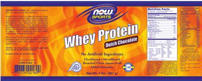 Photo of the NOW Sports Whey Protein Dutch Chocolate label
