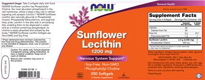 Photo of the NOW Sunflower Lecithin 1200 mg label