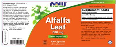 Photo of the NOW Alfalfa Leaf 500 mg label