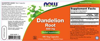Photo of the NOW Dandelion Root 500 mg label