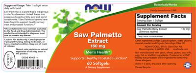 Photo of the NOW Saw Palmetto Extract 160 mg label