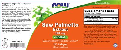 Photo of the NOW Saw Palmetto Extract 160 mg label