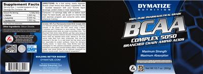 Photo of the Dymatize Nutrition BCAA Complex 5050 Branched Chain Amino Acids label