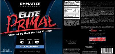 Photo of the Dymatize Nutrition Elite Primal Blue Raspberry label