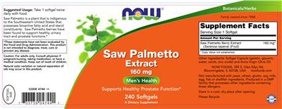 Photo of the NOW Saw Palmetto Extract 160 mg label