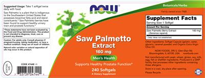 Photo of the NOW Saw Palmetto Extract 160 mg label