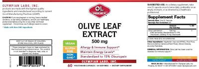 Photo of the OL Olympian Labs Olive Leaf Extract 500 mg label