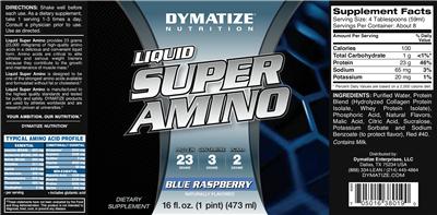 Photo of the Dymatize Nutrition Liquid Super Amino Blue Raspberry label