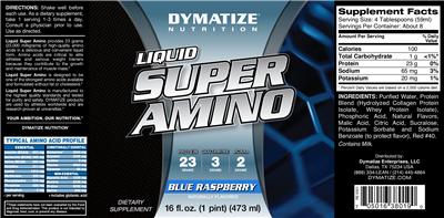 Photo of the Dymatize Nutrition Liquid Super Amino Blue Raspberry label