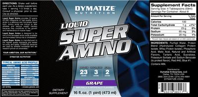 Photo of the Dymatize Nutrition Liquid Super Amino Grape label