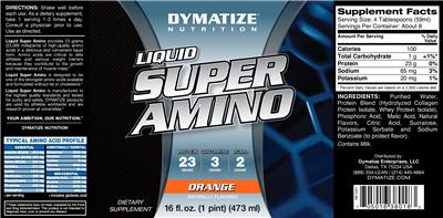 Photo of the Dymatize Nutrition Liquid Super Amino Orange label