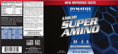 Photo of the Dymatize Nutrition Liquid Super Amino Blue Raspberry label