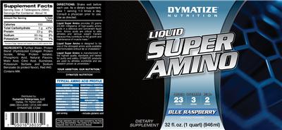 Photo of the Dymatize Nutrition Liquid Super Amino Blue Raspberry label